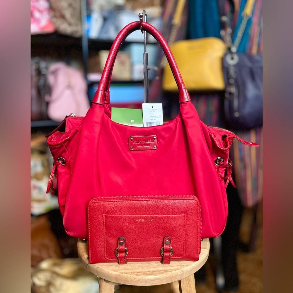 SET NWT Kate Spade Berkshire Rd Cherry Red Vinyl Hobo w/ EUC Olivia Joy Wallet​